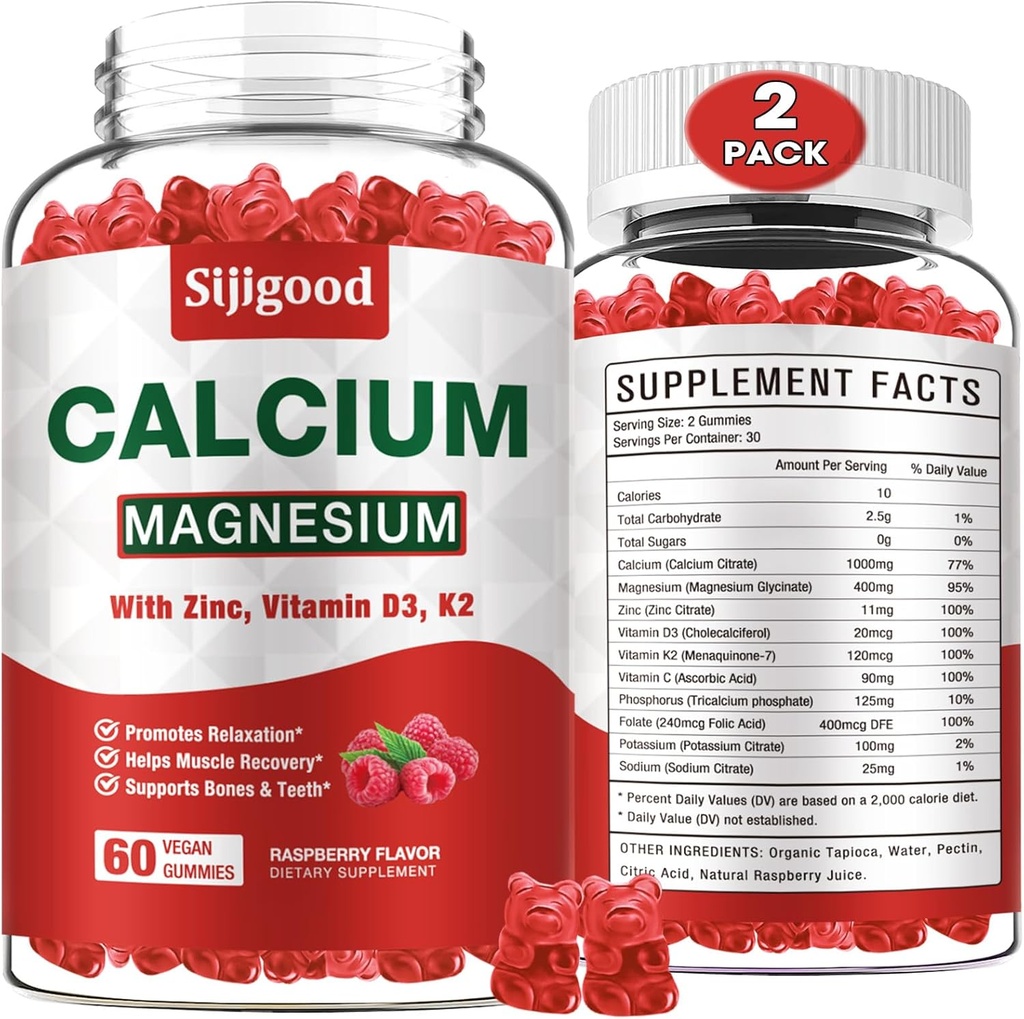 2 Pack kalsium mühəndislik metal C D3 K2, Kalsium Gummies, Muscle, Calm & Zzz Support, hidrium metal, Raspberry Flavored 120 Ct