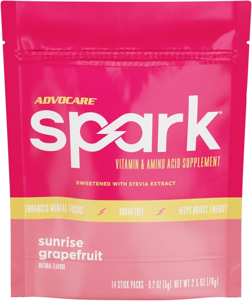 AdvoCare Spark - Energi Drink Mix - Vitamin & Aminosyre Supplement - støtter energi og fokus* - Bærbar immunologisk støtte* - Sukkerfri - Soloppgang Grapefrukt, 14 Stick Packs (2.5 oz)