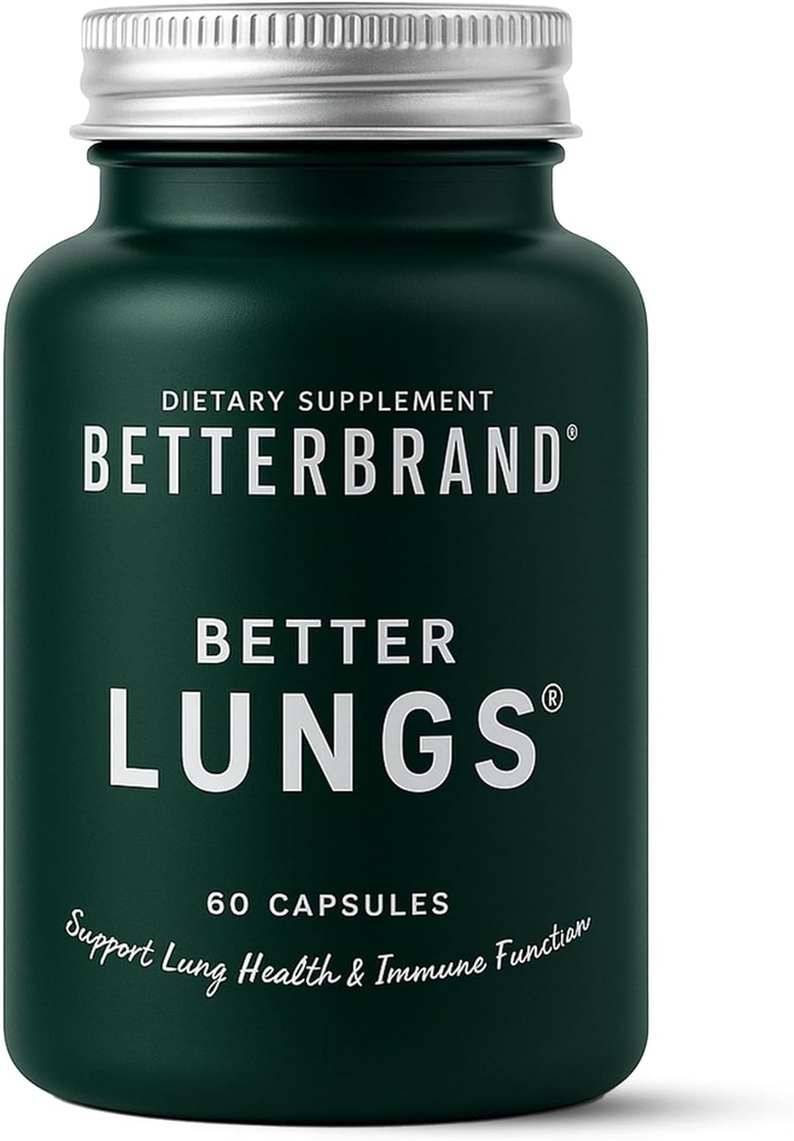 Betterbrand BetterLungs plaučių paramos priedas su NAC, Mullein Leaf rūkaliams, Kvėpavimo sveikatos formulė su šeivamedžio uogų, Vitaminas D, Ginseng, Reishi Mushroom - 60 Capsules - Paketas iš 1