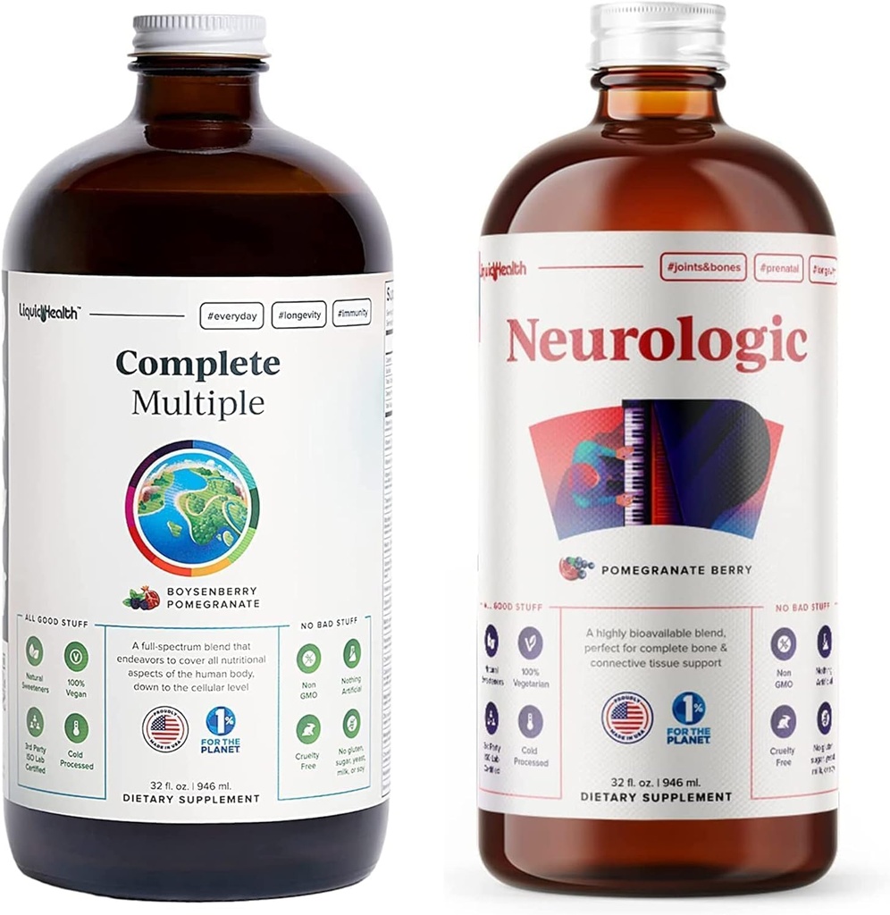LIQUIDHEALTH Complete Multivitamine Zilnic Multivitamine & Neurologic Nootropic lichid Bundle pentru adulți - Boost Immune Support, Îmbunătățește Memoria, Focus & Concentrare - Vegan, Non-GMO, Made in USA