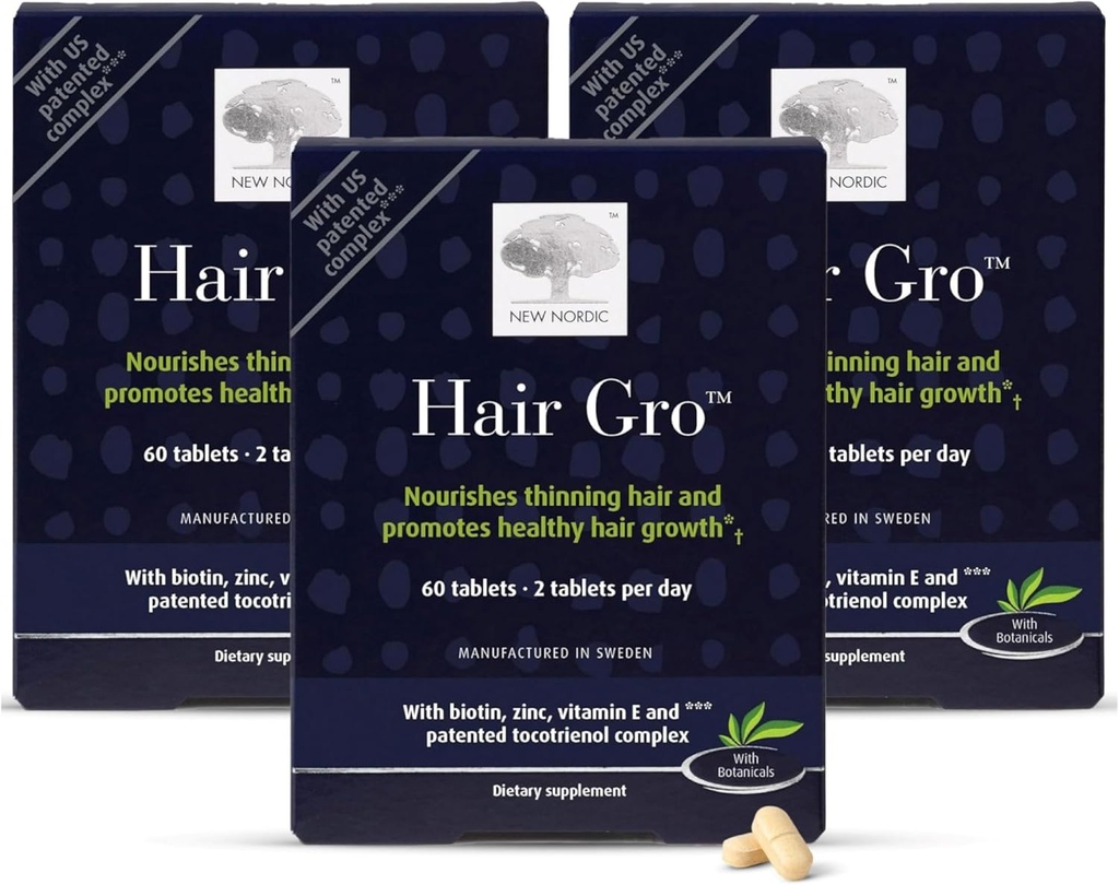 Novo cabelo NORDIC GRO, Suplemento de crescimento do cabelo, Biotina e extrato de frutos de palma Tocotrienóis para o crescimento natural, 60 contagem (Pacote de 3)