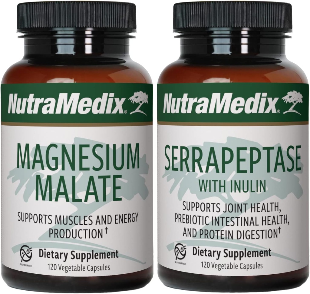 NutraMedic Fitness Plan Supplement Bundle - Inkluderer Magnesium Malate til energi & atletisk support og serrapeptase til fælles & mobilitet wellness - Fitness Support Support Kosttilskud -2 -Piece Capsule Set