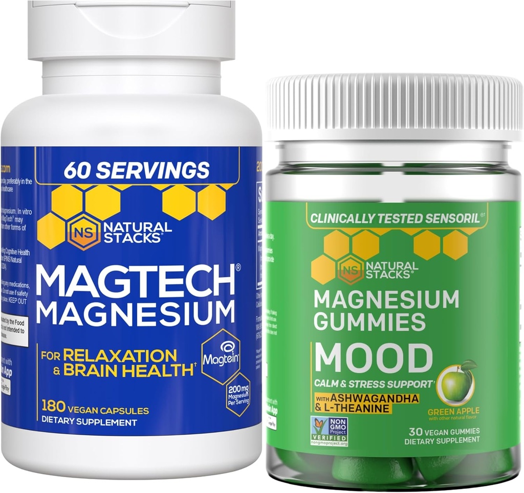 Natural Stacks Magtech Magnesio + Mood Magnesio Gummies Bundle - 4 Forme di Magnesio - Rilassamento, Salute del cervello e supporto per lo stress* - 210 Pezzi totali