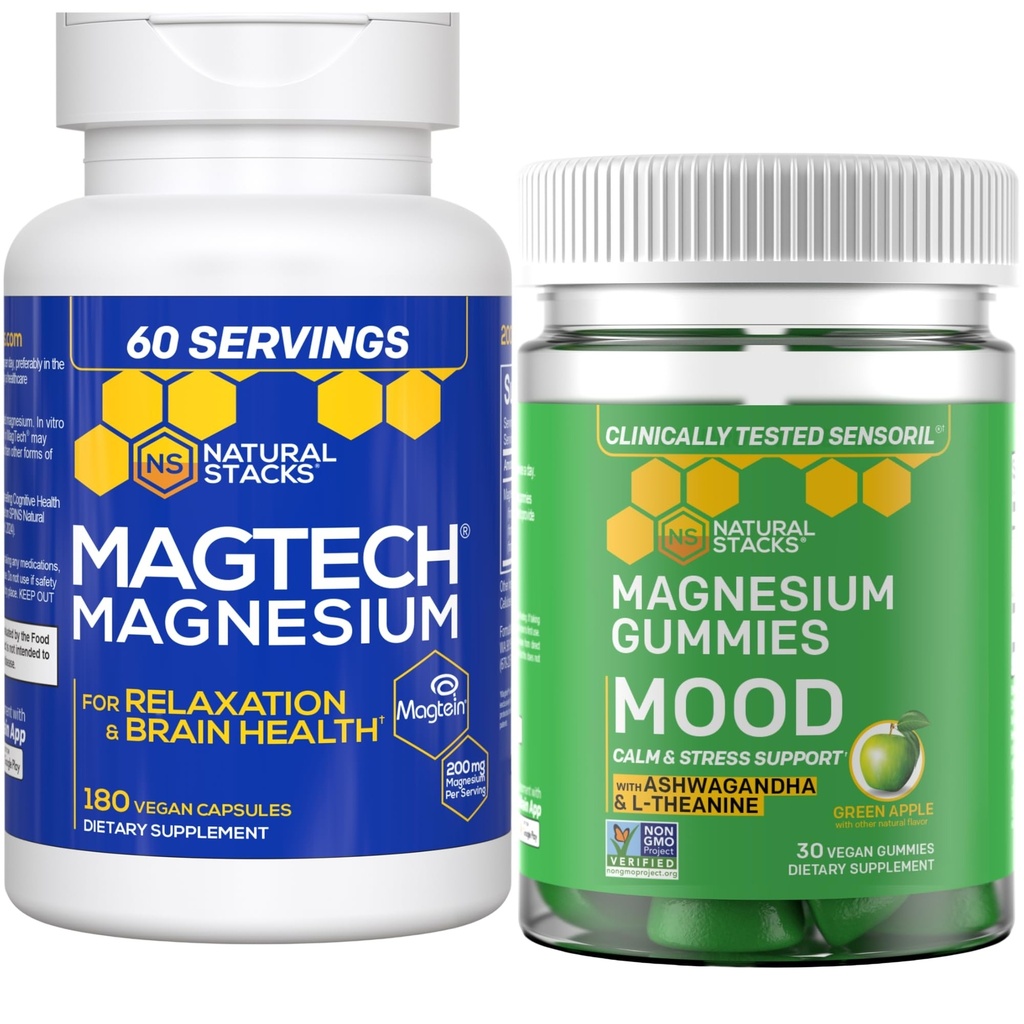 Natural Stacks Magtech Magnesium + Mood Magnesium Gummies Bundle - 4 Forms of Magnesium - Relaxation, Brain Health & Stress Support* - 210 Total Pieces