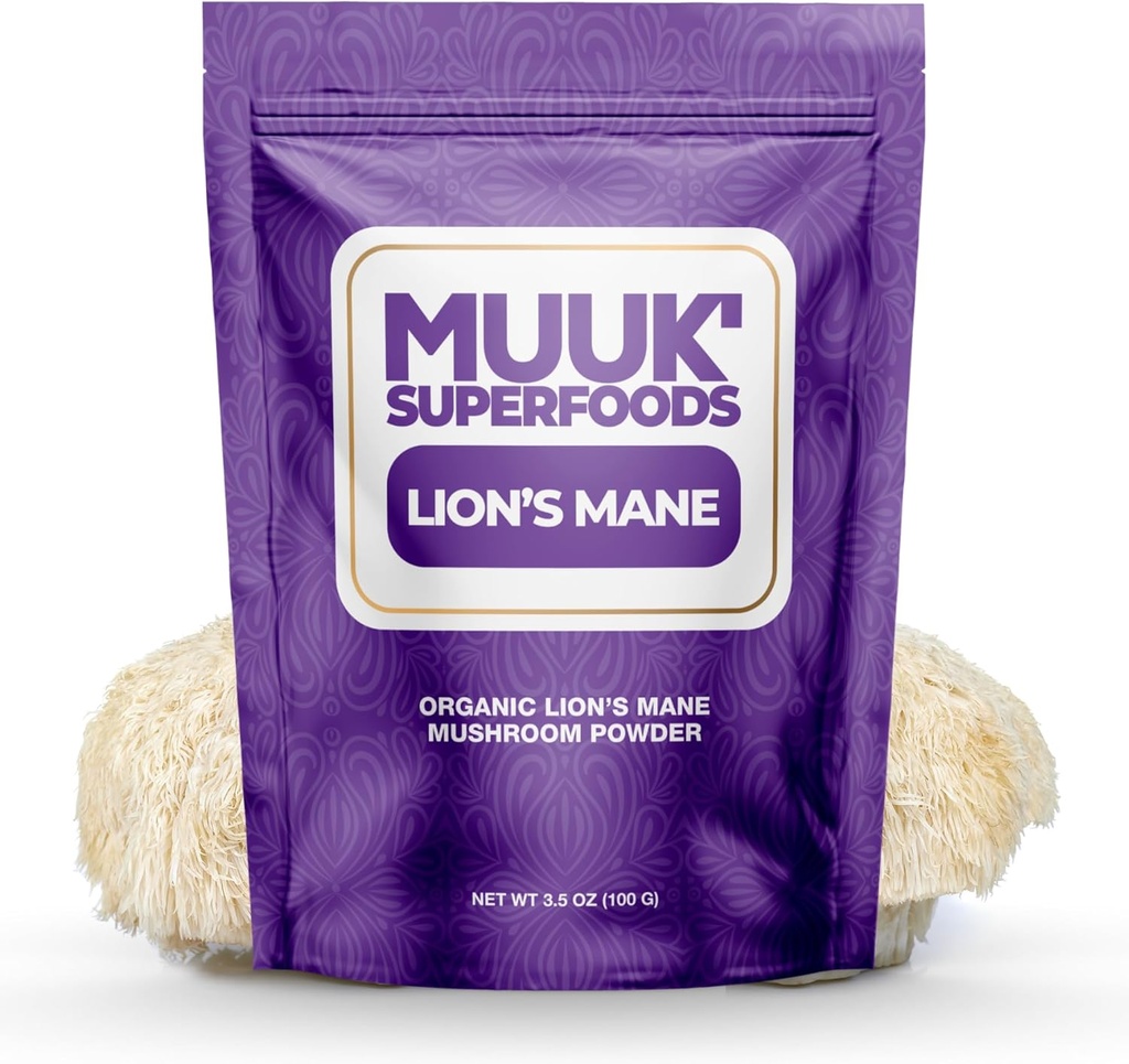 MUUK' SUPERFOODS | Pure Organic Lion's Mane Mushroom Powder | Brain-Boosting, USA-Made | 3.5 oz (100g), 60 Servings