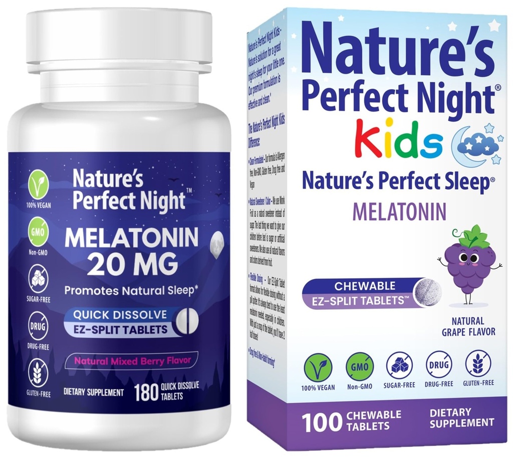 Nature's Perfect Night Bundle | Melatonin 20mg | Kids Melatonin 1mg | 180 Count | 100 Count | Sugar Free | Gluten Free | Non-GMO | Vegan