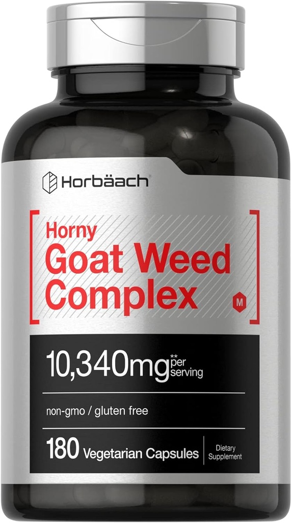 Horbäach Horny Goat Weed Complex ← 10,340 mg  durable 180 Capsules ¦ Vegetarian, Non-GMO, y Gluten Free Formula with Tribulus, Maca, Yohimbe, and L-Arginine