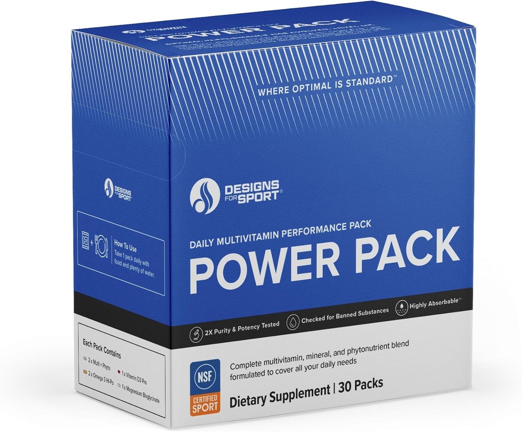 Design för Sport Vitamin Packs - NSF Certified for Sport Power Pack med Daily Multivitamin, Fish Oil Omega-3, Magnesium Glycinate & Vitamin D3 + K - Athlete's Supplement Stack (30 Packets)