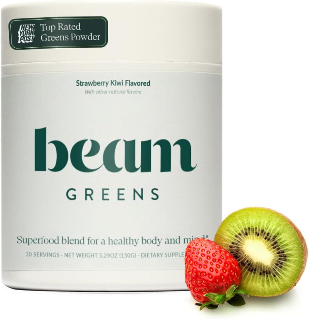 Beam Greens Powder, Superfood Supplement for Gut Health, Vegan Blend Organic con Ashwagandha, Vitamina C, B12, B6, D, Non-GMO Soporte diario, Strawberry Kiwi Flavor - 30 servizos