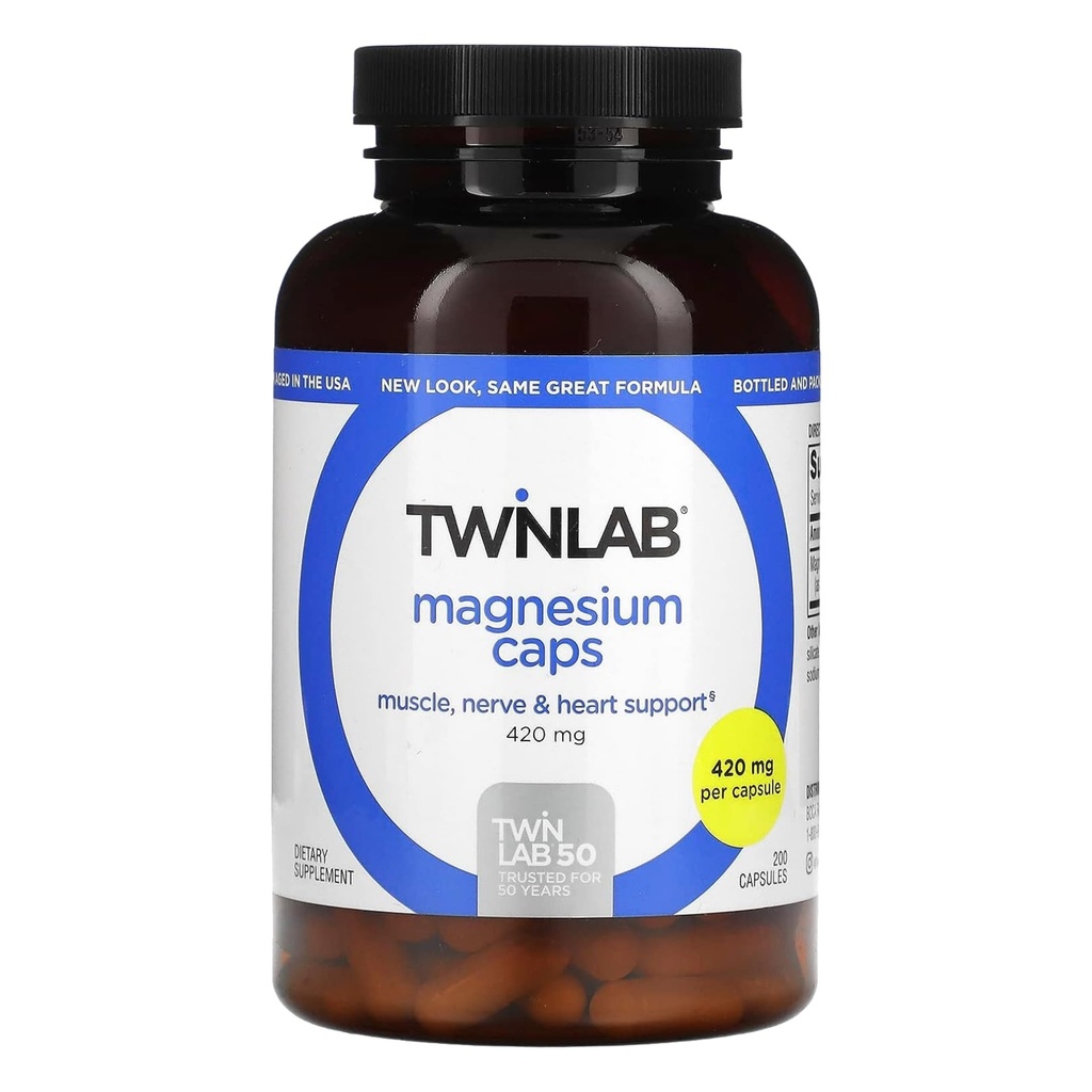Twinlab Magnesium Caps - High Absorption Magnesium Supplement to Support Leg Cramps Relief - Magnesium Capsules for Stress Relief, 420 mg, 200 Count - 1 Pack