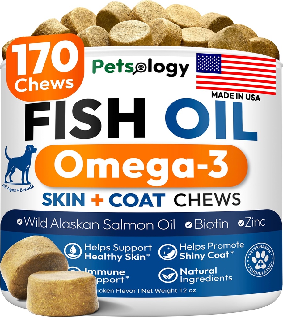 Omega 3 Fish Oil for Dogs - 170 Chews - Omega 3 for Dogs Itchy Skin & Allergy Relief - Skin & Coat Supplement - EPA & DHA Fatty Acids - Dog Anti Shedding & Hot Spot Treatment - Salmon Oil