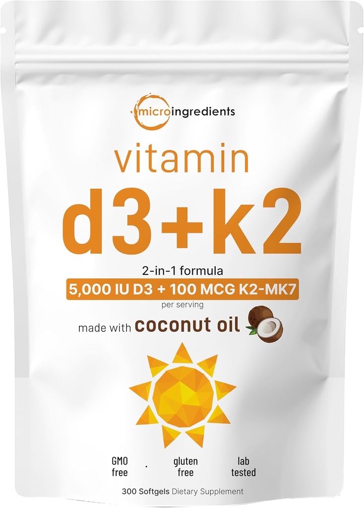 Micro Ingredients Vitamin D3 5 000 IE + K2 MK-7 100 mcg, 300 Softgels | Virgin Coconut Oil | 2-i-1 Bone, Immune & Heart Support | Lätt att svälja, icke-GMO