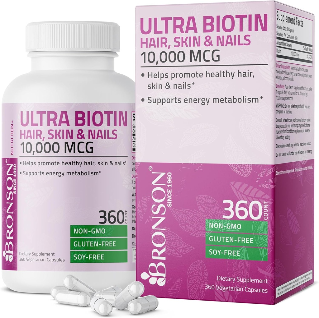 Bronson Ultra Biotin 10000 Mcg Piele de păr și unghii Supliment, non-GMO, 360 Capsule vegetariene