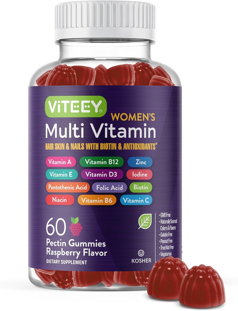 Viteey Womens Multivitamin Gummies - Immune Support - 12 in 1 Essential Vitamins & Minerals - Vitamina A, C, D3, E, B6, B12, Folic Acid, Biotin, Calcium, Zinc &amp; More - Vegetarian - Raspberry Flavored