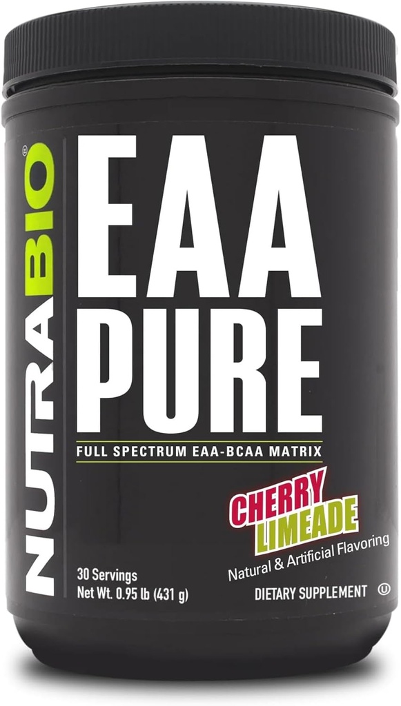 NutraBio - EAA Pure - 9 Aminosyrer - Muskel reparation og inddrivelse, 30 Servering, Cherry Limeade - Pre eller Post Workout - All Day Recovery