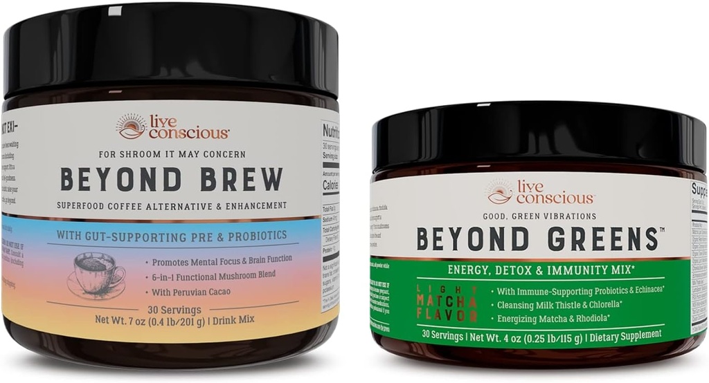 Live Conscious Beyond Greens & Beyond Brew | Delicious Greens Powder for Bloating + Mushroom Superfood Coffee Alternative Caffeine Free