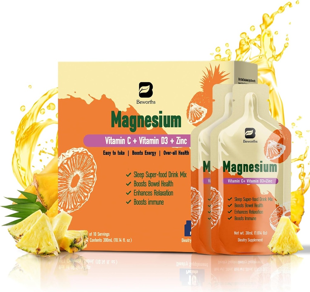 Magnesium Citrate Liquid Supplement, med Bromelain, Vitamin C, D3, B6, Zink, High Absorption Magnesium Citrate Oral Solution, Magnesium för förstoppning, Zzz & Energy, Pineapple, 10 Fl Oz