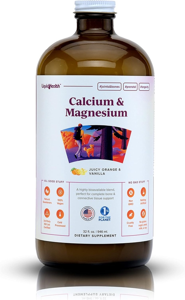 LIQUIDHEALT Calci i Magnesi LàquidLiquid suplementari - Bone, Uniting, Muscle, Implementació de l'ambient, salut coral, essencials Nutrients - fet als EUA, Vegan, GMO, Sense Sugar (32 oz)