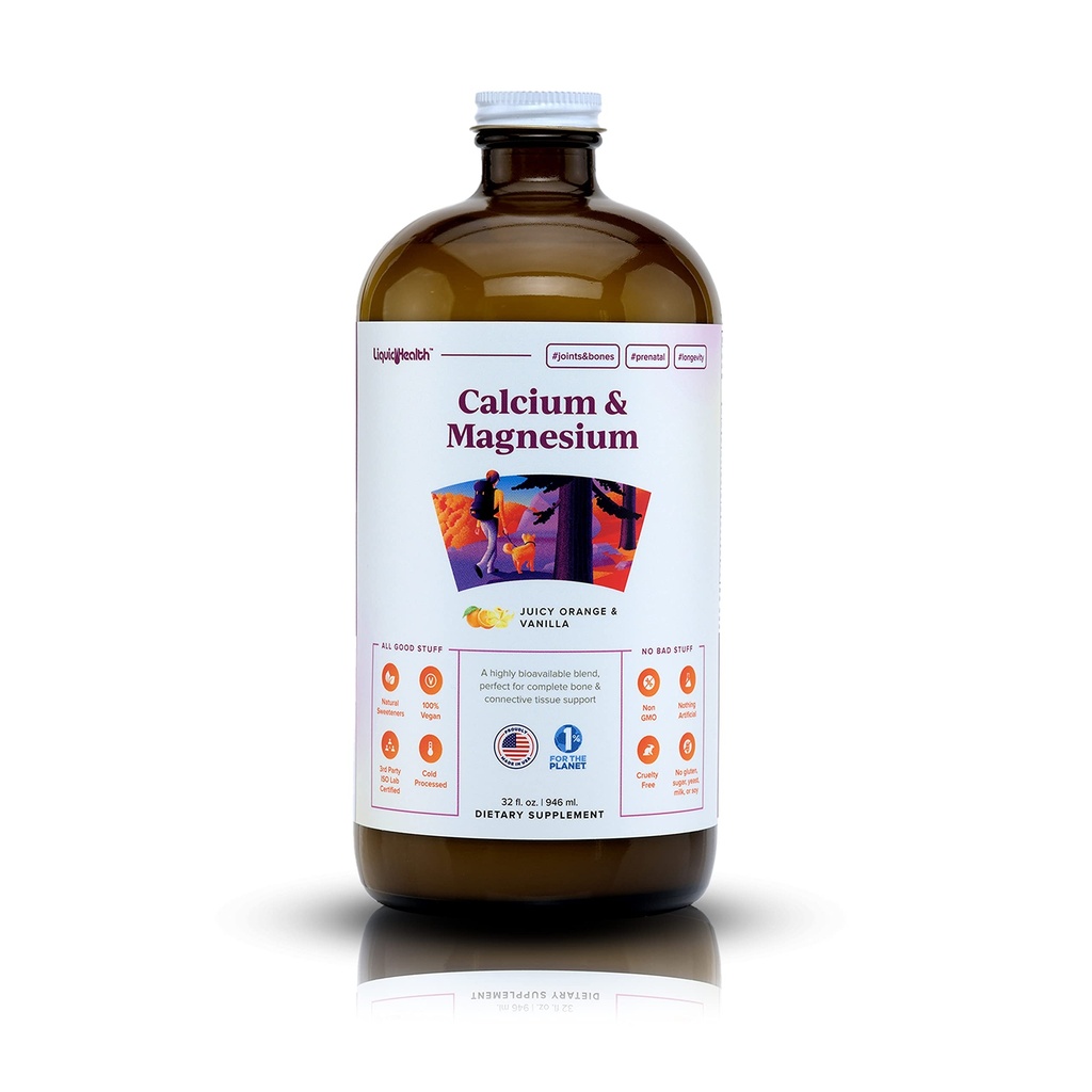 LIQUIDHEALTH Calcium & Magnesium Adult Liquid Vitamin Supplement - Bone, Joint, Muscle, Connective Tissue Support, Heart Health, Essential Nutrients - Made in the USA, Vegan, Non GMO, No Sugar (32 oz)