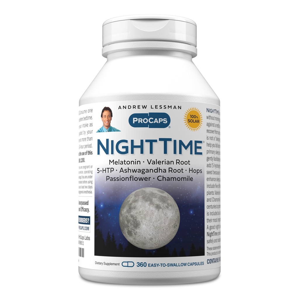 ANDREW LESSMAN Night Time 360 Capsules - 3mg Melatonin, Valerian, Ashwagandha, Passionflower, Hops, Chamomile. No Morning Grogginess. Natural Support, Gentle Restful Sleep. Easy to Swallow Capsules