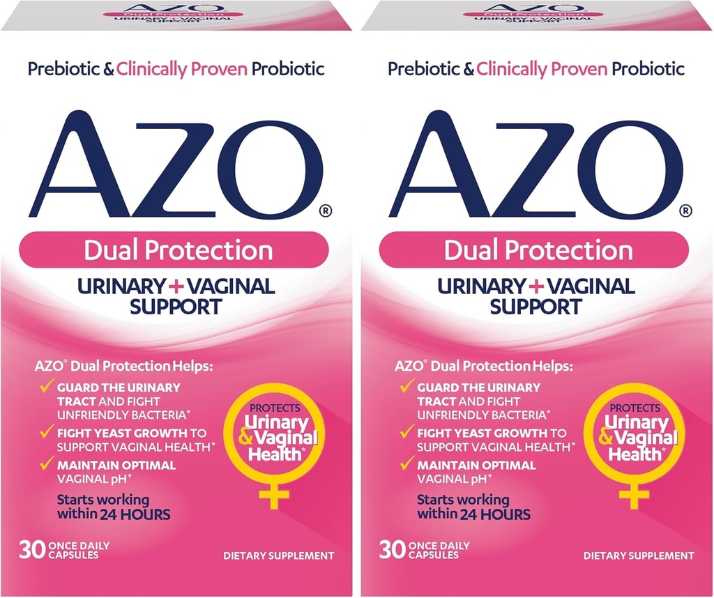 AZO Dual Protection ) Urinary + Vaginal Support* ) Prebiotic Plus Clinically Proven Women ) Starts Working Within 24 Hours ) Non-GMO ) 30 count (Pack of 2)
