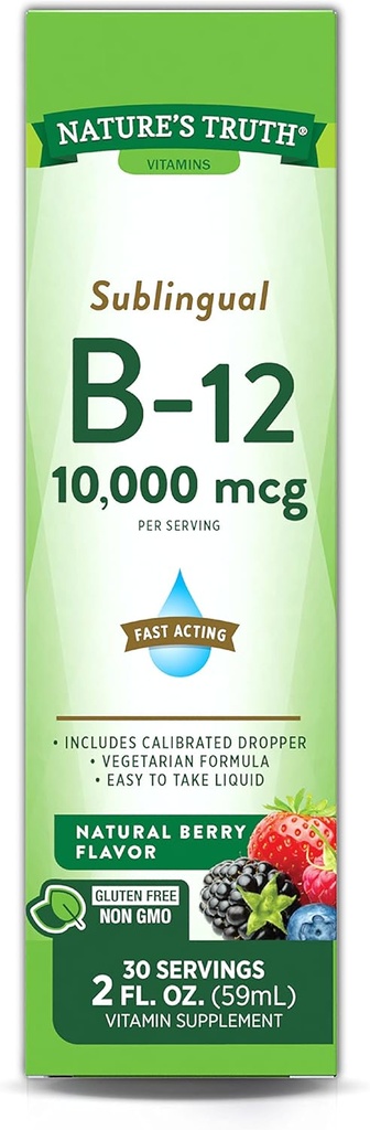 La vérité de la nature Vitamine sublinguale B-12 10 000 Mg, liquide à action rapide, saveur de baie naturelle, 2 once fluide (paquet de 1)