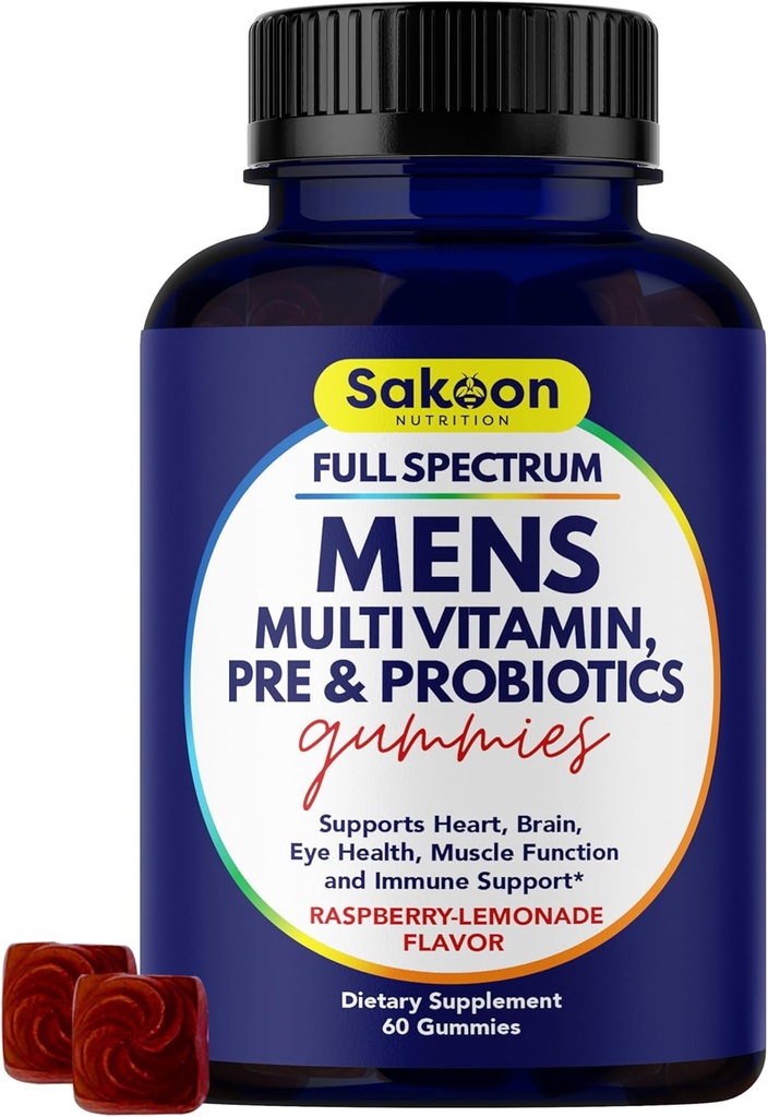 Sakoon uzturs Vīriešu Multivitamīnu Gumijas ar probiotikām un prebiotikām, Pieaugušo Multivitamīnu A, C, D, E, B & More, Atbalsts Imūnās, Enerģija, Veselības, 60 Skaits