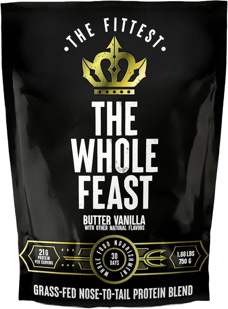 Fittest Whole Feast Beef Protein Powder - Butter Vanilla - Grass Fed Nose till Tail Carnivore Blend Inklusive Lever, Colostrum och Hela Ben - BCAAs - 14g Collagen - 21g Total Protein