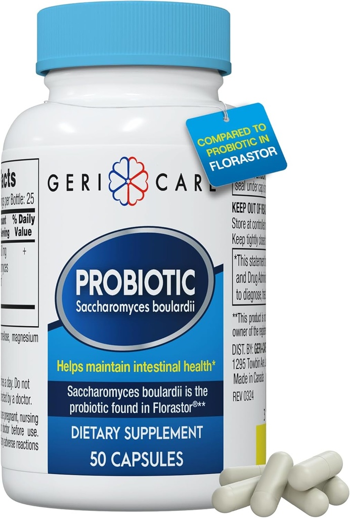 GeriCare S. Boulardii Probiotic Saccharomyces Boulardii - Probiotics for Digestive Health for Women &amp; Men - 500mg - Compare con el Ingrediente Activo en Florastor Probiotic Gut Formula (50 cápsulas)