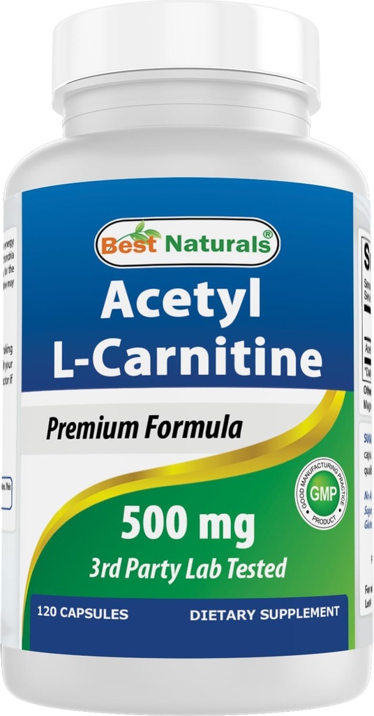 Geriausi Naturals Acetil L- karnitinas (ALCAR) 500mg, 120 kapsulės, 120 Servings - Non- GMO ir Gluten Free, 1 Kapsulė per Tarnavimo