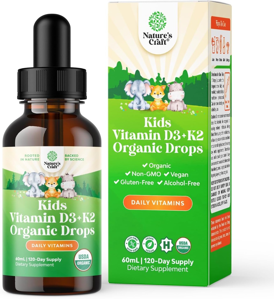 Natures Craft Kids Vitamin D3 K2 Drops - Böyük Britaniyalar üçün Uşaqlar üçün Uşaq D Vitamini və Birləşdiricilər - Qızlar, Gənclər və Toddler Immune Support Drops Liquid Supplement - 60 ml Şişe