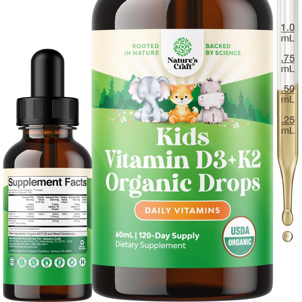 Natures Craft Kids Vitamin D3 K2 Drops - Organic Vitamin D for Kids for Strong Bones & Joints - Infants, Babies and Toddler Immune Support Drops Liquid Supplement - 2Fl Oz (Pack of 1)