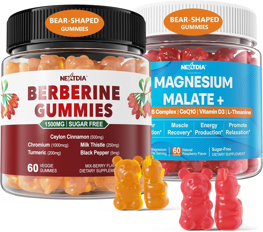 2Pack Berberine Zusatzgummis 1500mg + 2Pack Magnesium Malat mit CoQ10-100mg Gummies