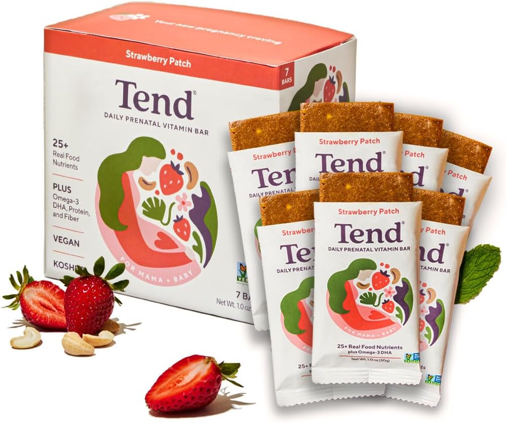 Tend Daily Best Prenatal Vitamina Bar, Made with Organic Ingredients for Însărcinate & Postpartum Mothers, Includes DHA, Vitamina D, B, Choline, Folate, Floarea-soarelui lecitina - Strawberry Patch (7ct)
