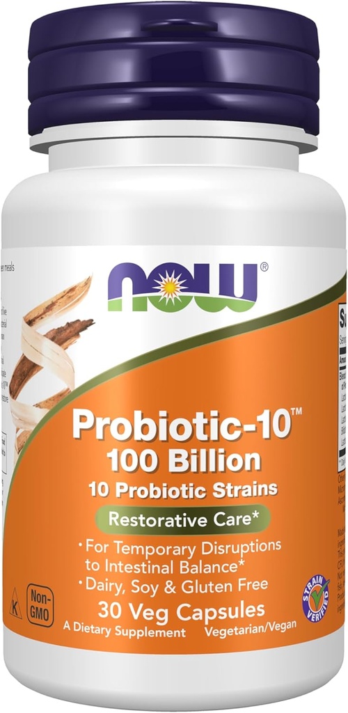 NÅ Mattilskudd, Probiotic-10TM, 100 milliarder, med 10 Probiotic Strains, Dairy, Soja og Glutenfri, Strain Verifisert, 30 Veg Kapsler