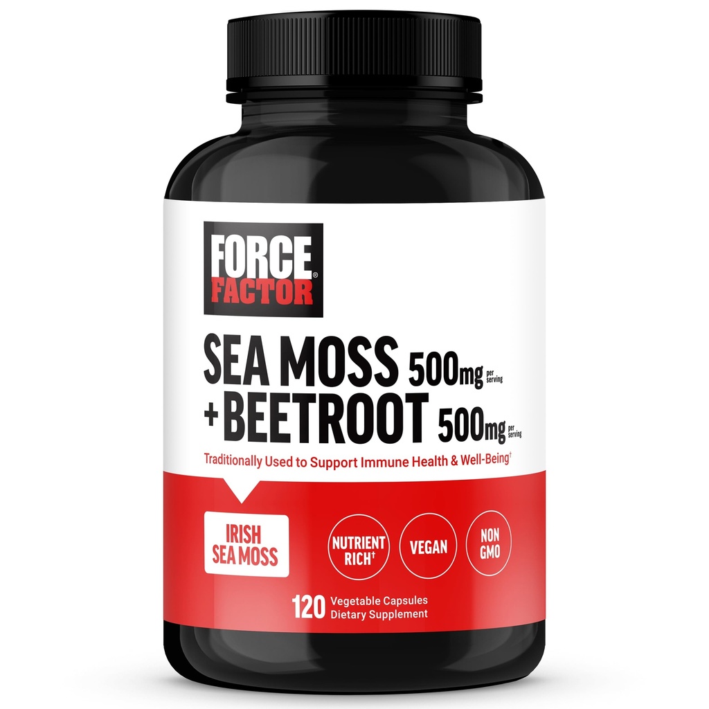 Force Factor Irish Sea Moss + Beet Root Supplement to Support Immunity, Circulation, Natural Energy, Heart Health, with Antioxidants, Non-GMO, Vegan-Friendly, Soy-Free, 120 Vegetable Capsules