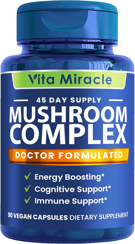 Suplemento de cogomelos - Complexo de cogomelos 10x con Cordyceps Shiitake Reishi Suplementos de cogomelos - Todas as vitaminas a base de plantas naturais extraen pílulas para Focus Energy e cerebro 90 cápsulas