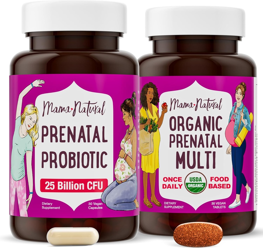 Mama Natural Pacote pré-natal – Vitaminas pré-natais orgânicas para mulheres + Probióticos alvo para gravidez e bem-estar pós-parto - Apenas 2 comprimidos por dia - Vegan & Non-GMO (30 fornecimento dia)