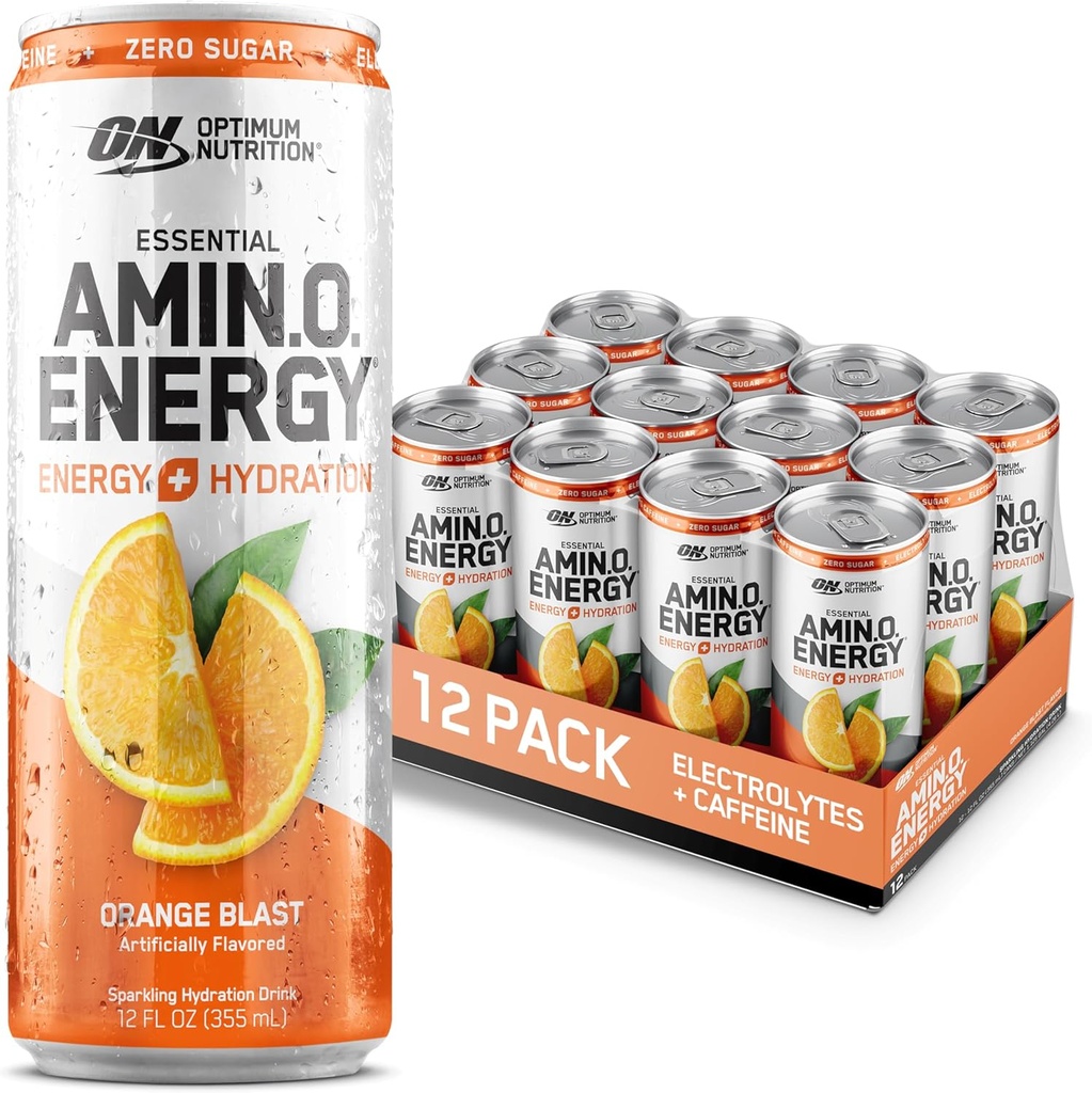 Optimum Nutrition Amino Energy Sparking Hydration Drink, Electrolytes, Caffeine, Amino Acids, BCAAs, Sugar Free, Orange Blast, 12 Fl Oz, 12 Pack (Packing May Vary)