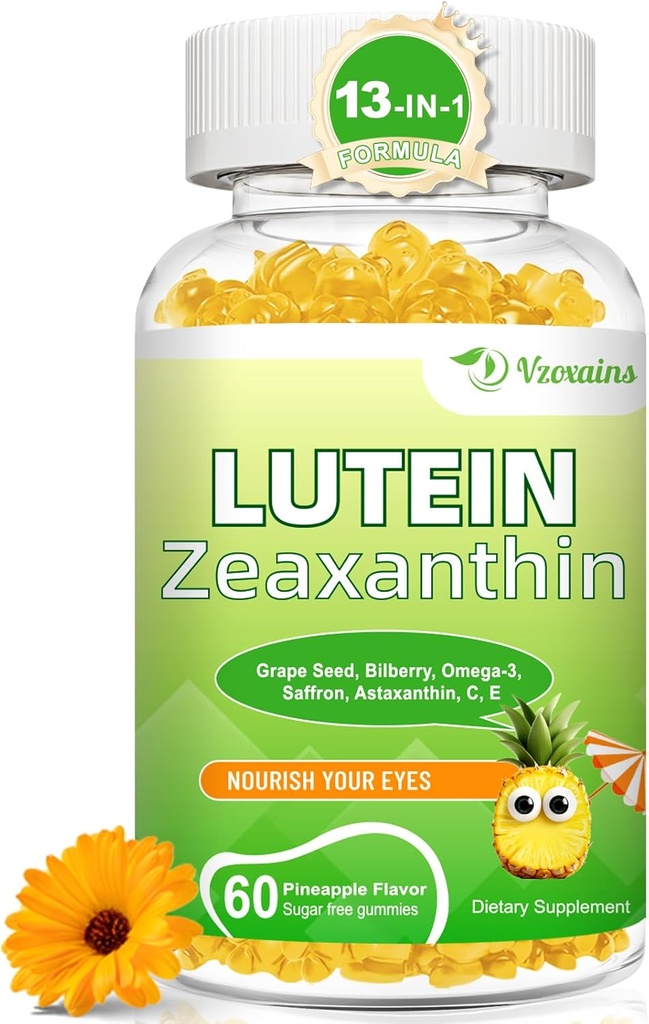Lutein 20 mg med Zeaxanthin Gummies, Lutein och Zeaxanthin Supplements med Eye Vitamins C, E, Bilberry för Eye Health - 60Cts