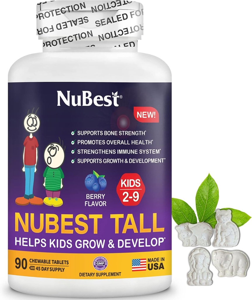 NuBest Tall Kids - Toddlers Vitamins and Kids Vitamins for Age 2 to 9 - Support Bone Strength, Overall Health and Immunity - Animal Shapes - 90 Chewable Berry Tablets | 6 Weeks Supply