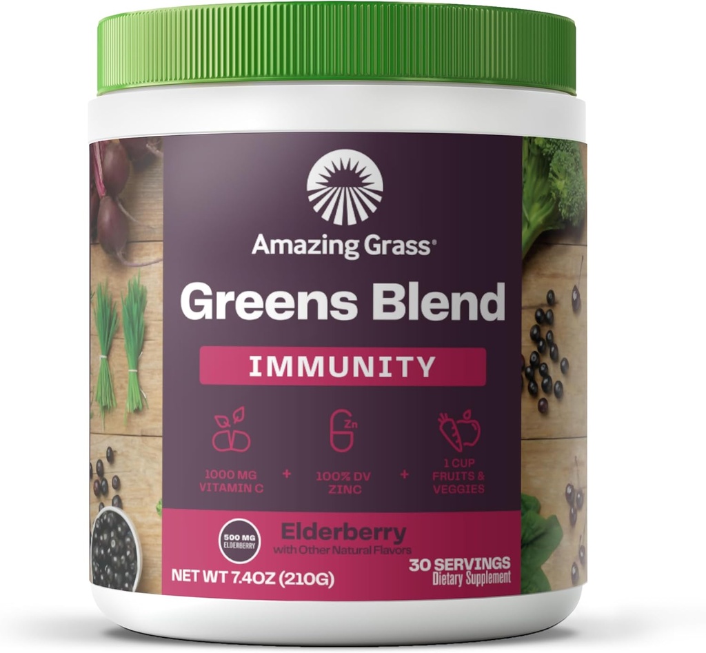 Amazing Grass Greens Blend Superfood for Immune Support: Super Greens Powder Smoothie Mix kanssa Organic Spirulina, Klorella, Beet Root Powder, Diveral Enzymes & Probiootit, Elderberry, 30 Servings