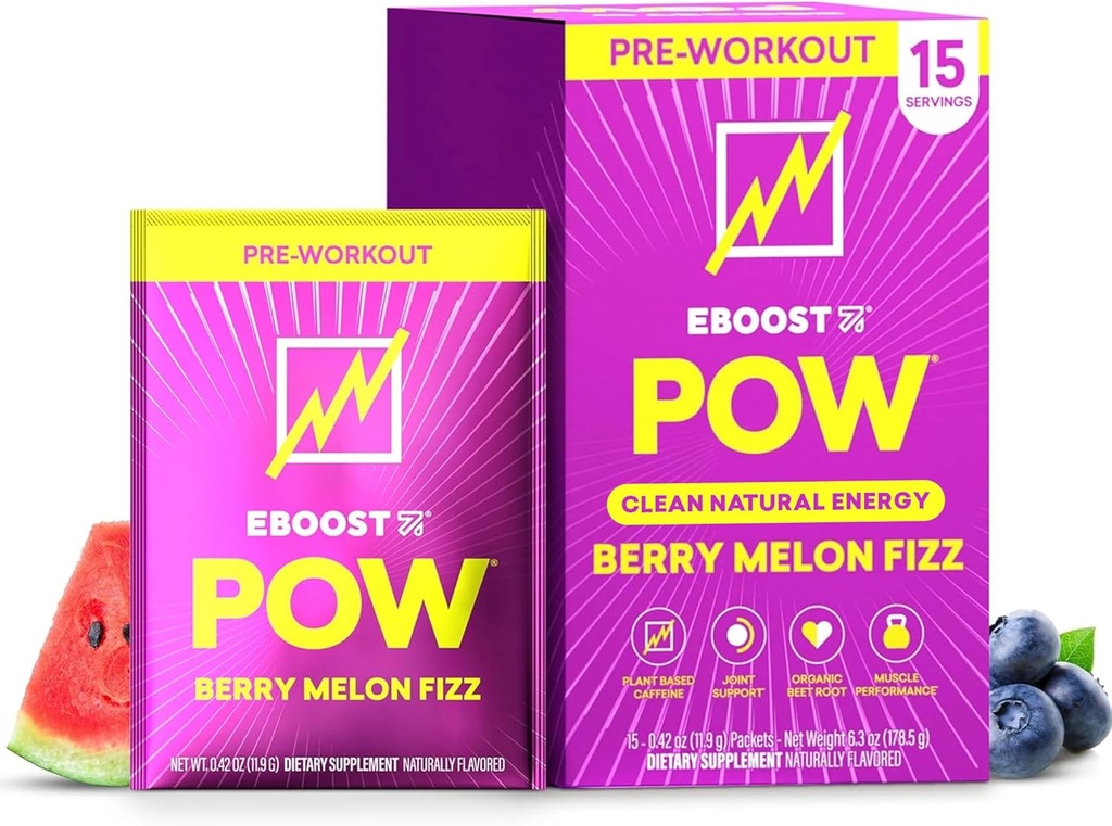 EBOOST POW Natural Pre Workout Mills - 15 Paketų, Berry Melon Fizz - Iš anksto sukurti energijos Gym Addition Geriamasis mišinys vyrams ir moterims - Performance, Jungtinė mobilumo parama - Nemokama