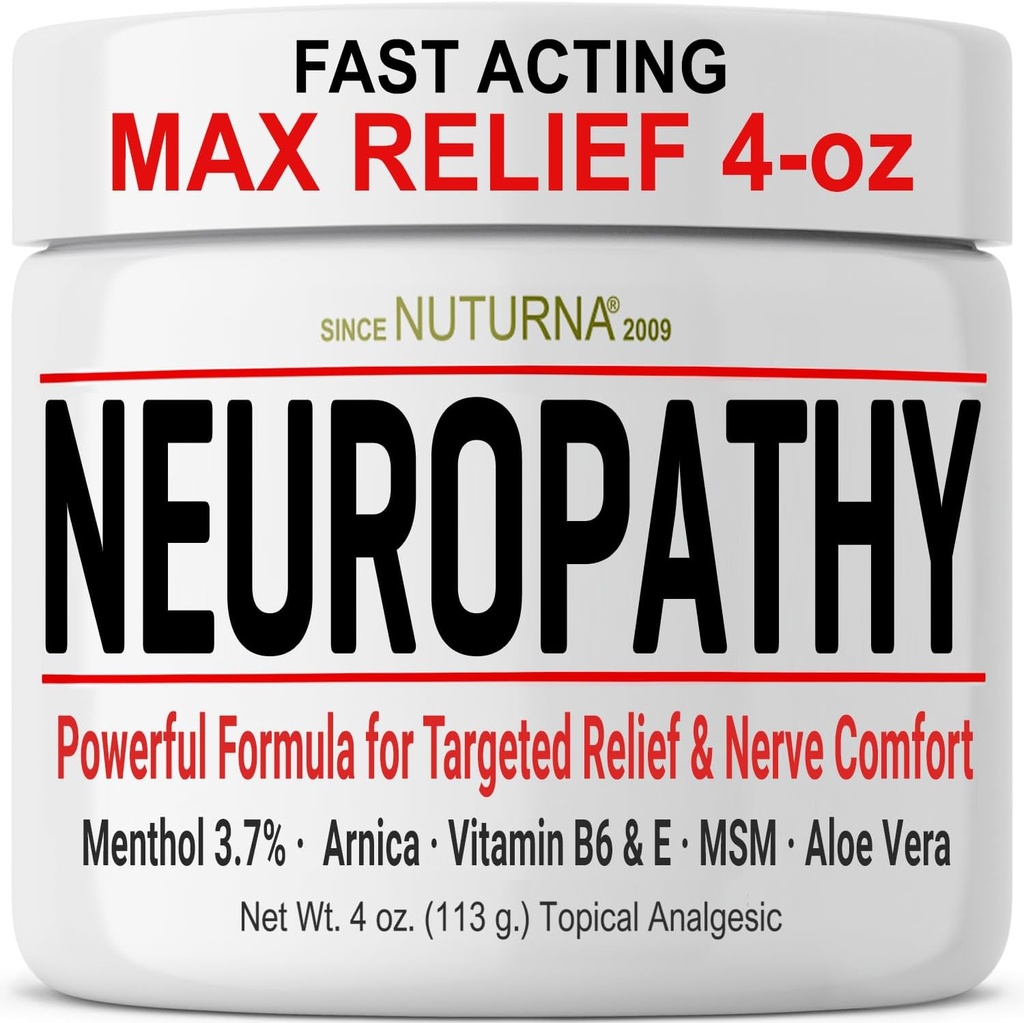 Neuropathy Nerve Relief Cream - Fast Action Max Relief for Feet Hands Legs Toes Back - Ultra Strength Menthol Arnica Aloe Vera MSM, Soothing Natural Nerve Comfort Relief, Paraben- Free 4 Oz