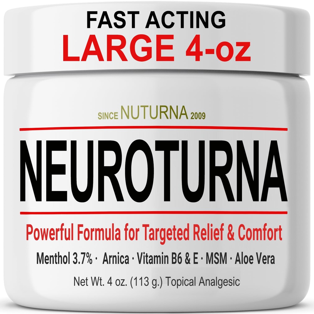 Neuroturna Nerve Cream - Fast Acting Comfort for Feet, Hands, Legs & Toes - Ultra Strength Menthol, Arnica, Aloe Vera, MSM - Cooling Soothing Comfort - Non-Greasy, Paraben-Free - 4 oz