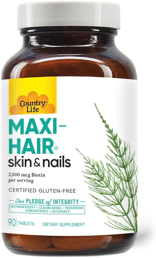 Країна життя Maxi-Hair Supplement - 2000mcg Біотин і вітаміни для волосся, шкіри і нігтів - сертифіковані клейковини-Free & Вегетаріан - підтримує зростання волосся, 90 таблеток