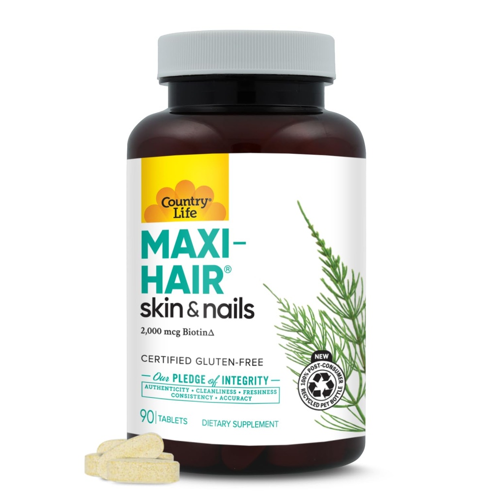 Country Life Maxi-Hair Supplement - 2000mcg Biotin & Vitamins for Hair, Skin & Nails - Certified Gluten-Free & Vegetarian - Supports Hair Growth, 90 Tablets