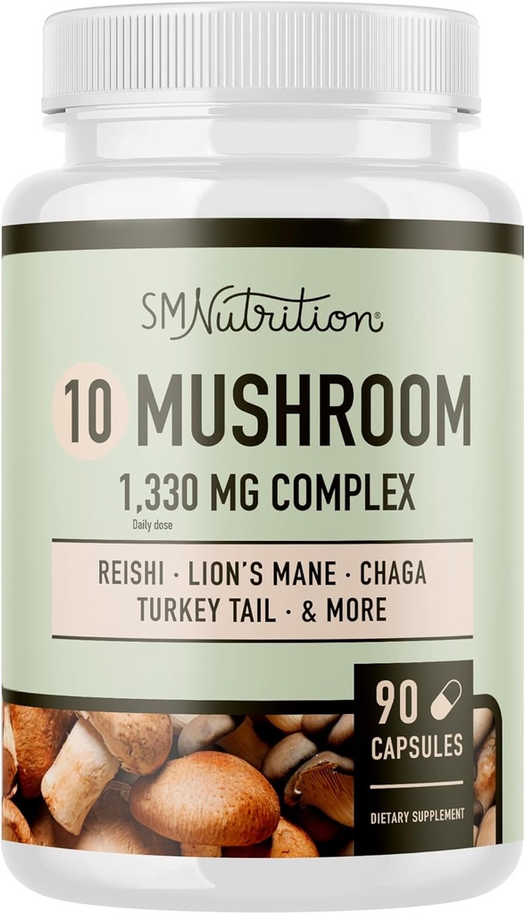 10 Mushroom complexance 300+MG Pha trộn với Lions Mane, Thổ Nhĩ Kỳ đuôi, Cordycops, Reishi, Shiitake, Maitake, Chaga & White Button Mushroom mune & Remunegen Hỗ trợ