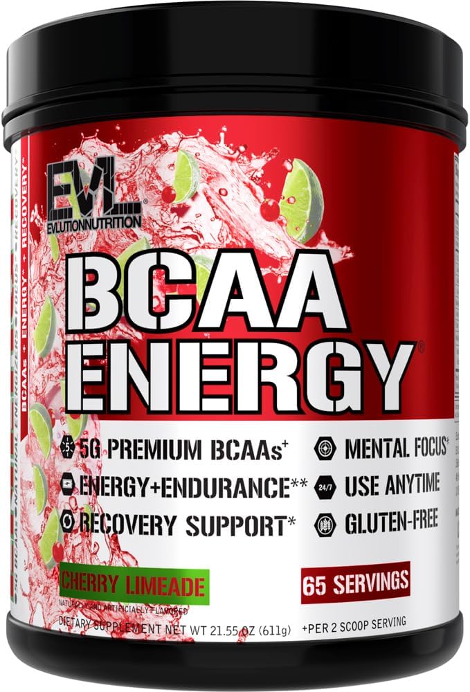 Evlution EVL BCAAs Amino Acids Powder - BCAA Energia Pre Workout Powder Muscle Recovery Lean Growth and Endurance - Rehydrating Post Workout Recovery Drink with Natural Caffeine - Cherry Limeade