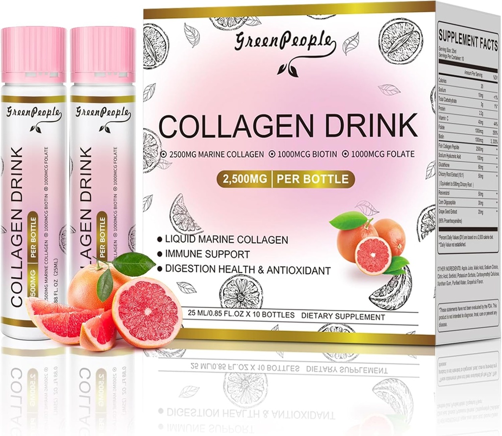 GREENHUS Liquid Collagen for Women & Men, 2500mg Fish Collagen Peptydes + kwas hialuronowy + witamina B & C, Nails Skin Joints Bones Support (0,85 fl oz, 10 butelek, Grejpfrut)